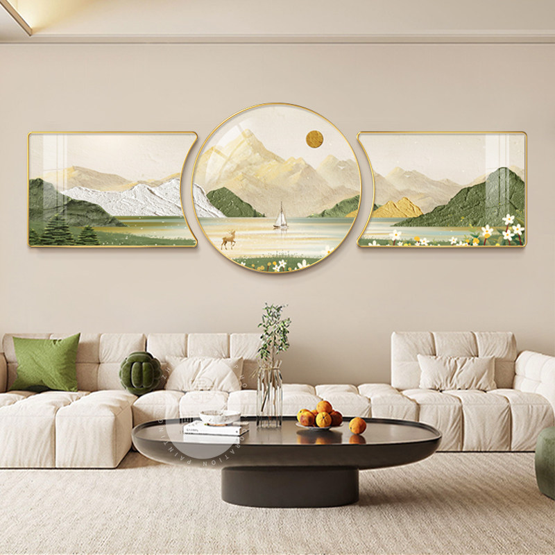 日照金山客厅装饰挂画背有靠山沙发背景墙山水风景卧室油画三联画_虎窝淘
