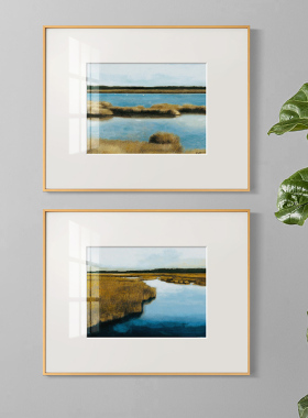 北欧现代简约艺术装饰画美式玄关墙面壁画蓝色宁静湖边风景挂画