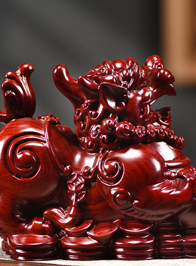 纯木质红色招财貔貅摆件实木公母一对工艺礼品家居办公室开业送礼