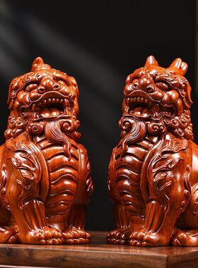 实木雕刻招财貔貅摆件实木公母一对独角双角风水工艺品开业送礼物