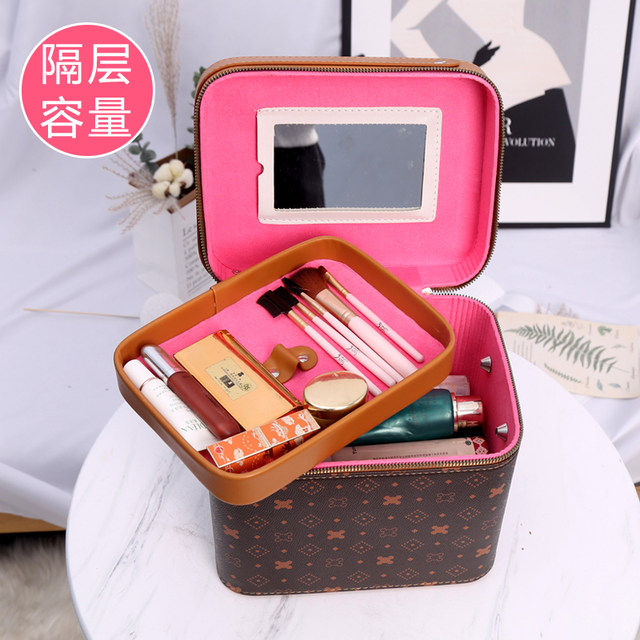 Net red handmade makeup box cosmetics storage bag retro compartment old flower makeup bag large -capacity with mirror