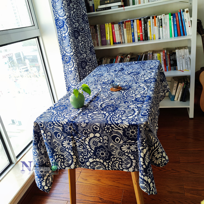 清新中式帆布餐桌布长方形家用桌布田园风圆台布凤尾花棉麻茶几