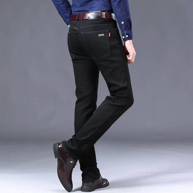 black jeans men elastic straight pants casual long trousers - 图0