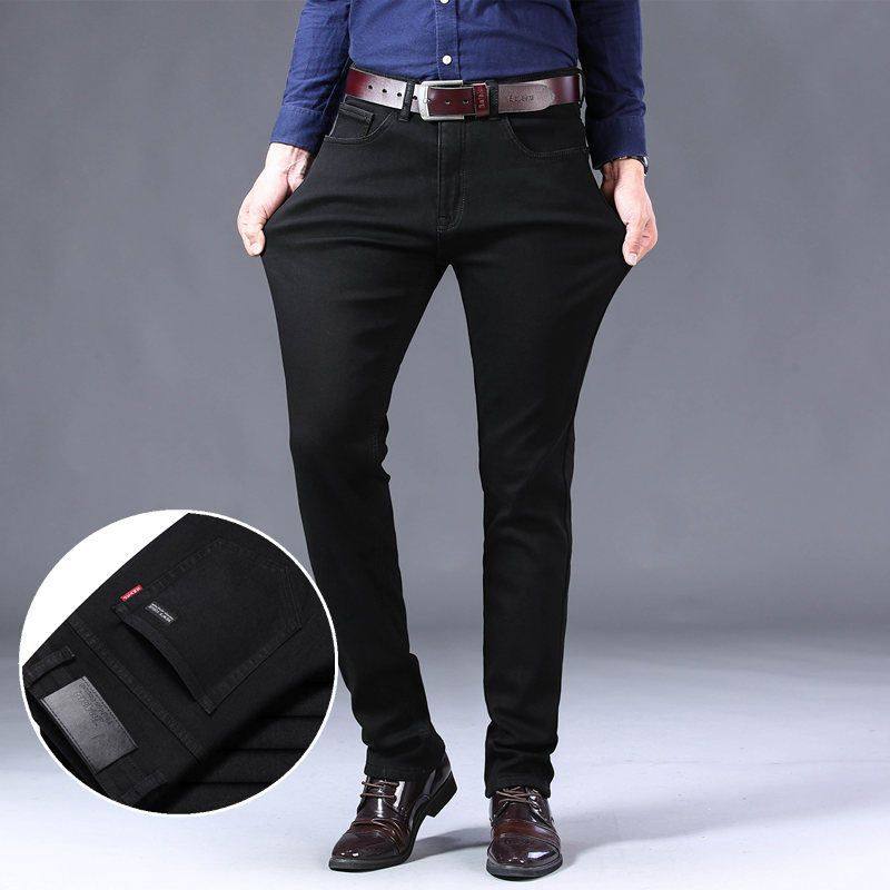 black jeans men elastic straight pants casual long trousers - 图1