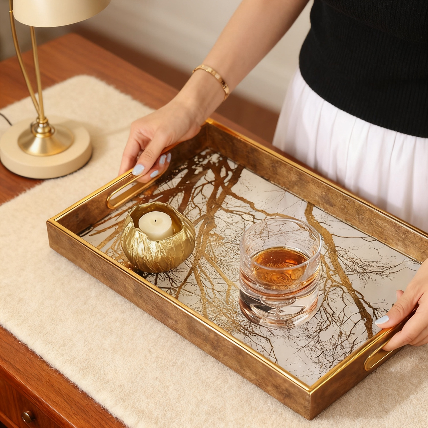 床头柜轻奢金色树枝香薰托盘长方形客厅餐桌面轻奢茶盘高档收纳盘,淘宝优惠券,粉丝福利购,淘宝优惠卷