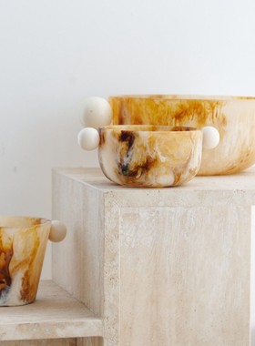 天然黄洞石碗家用餐具碗盘餐厅餐桌玄关鞋柜入户吧台上面装饰摆件