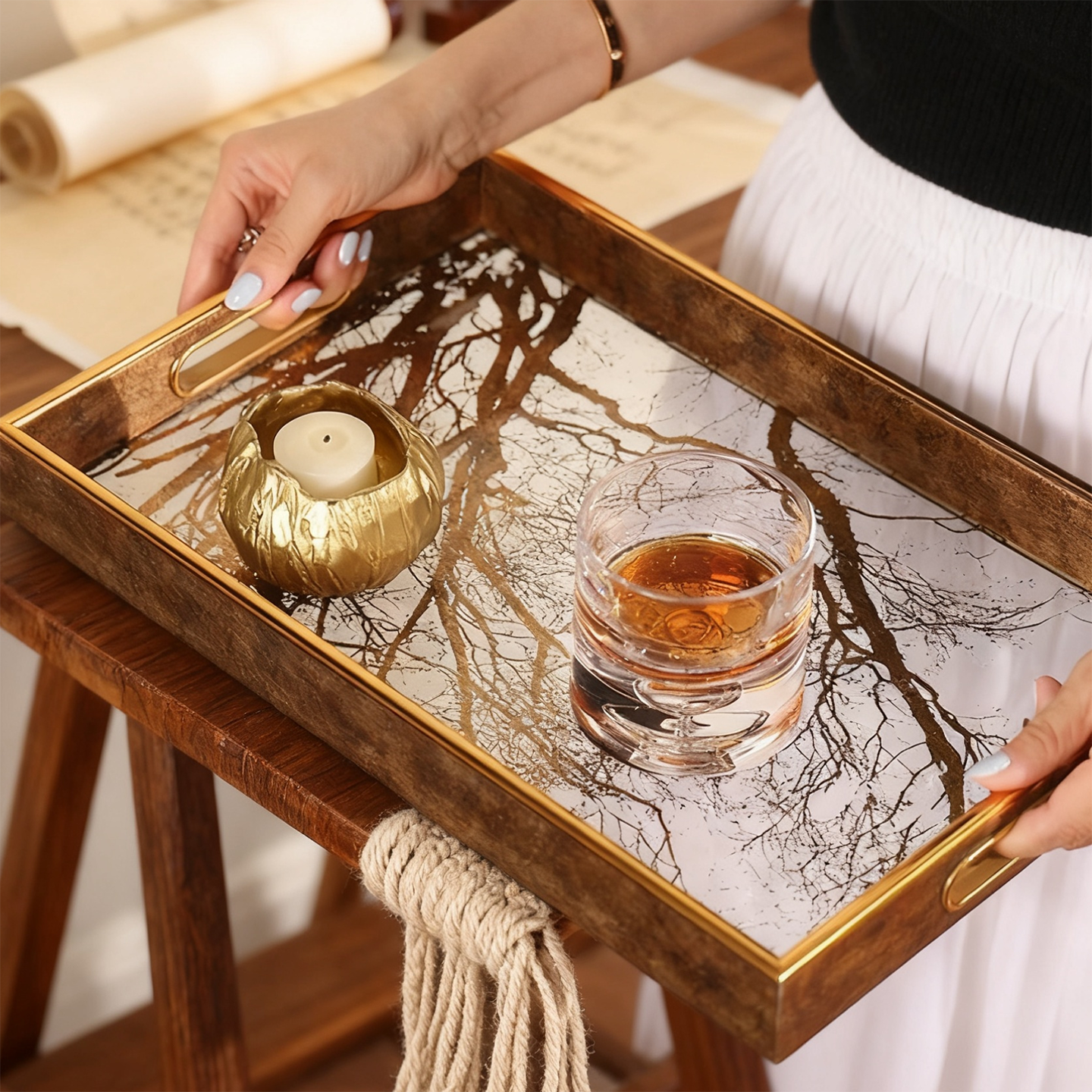 床头柜轻奢金色树枝香薰托盘长方形客厅餐桌面轻奢茶盘高档收纳盘,淘宝优惠券,粉丝福利购,淘宝优惠卷