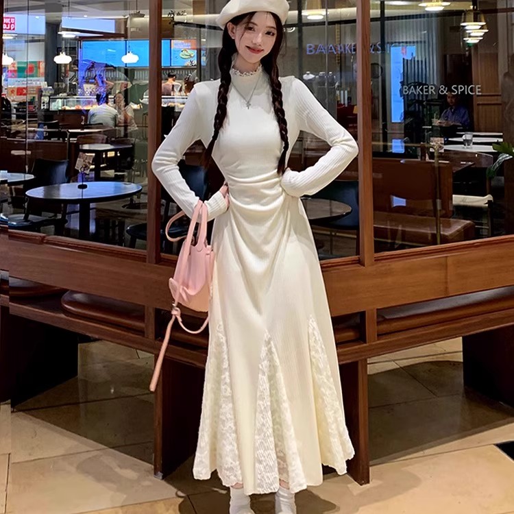 配大衣半高领针织连衣裙女秋冬法式白色气质内搭打底加厚鱼尾长裙 - 图0