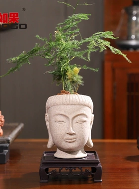 创意佛缘花盆佛头佛首禅意树脂花盆桌面装饰盆栽古风中式园艺花器