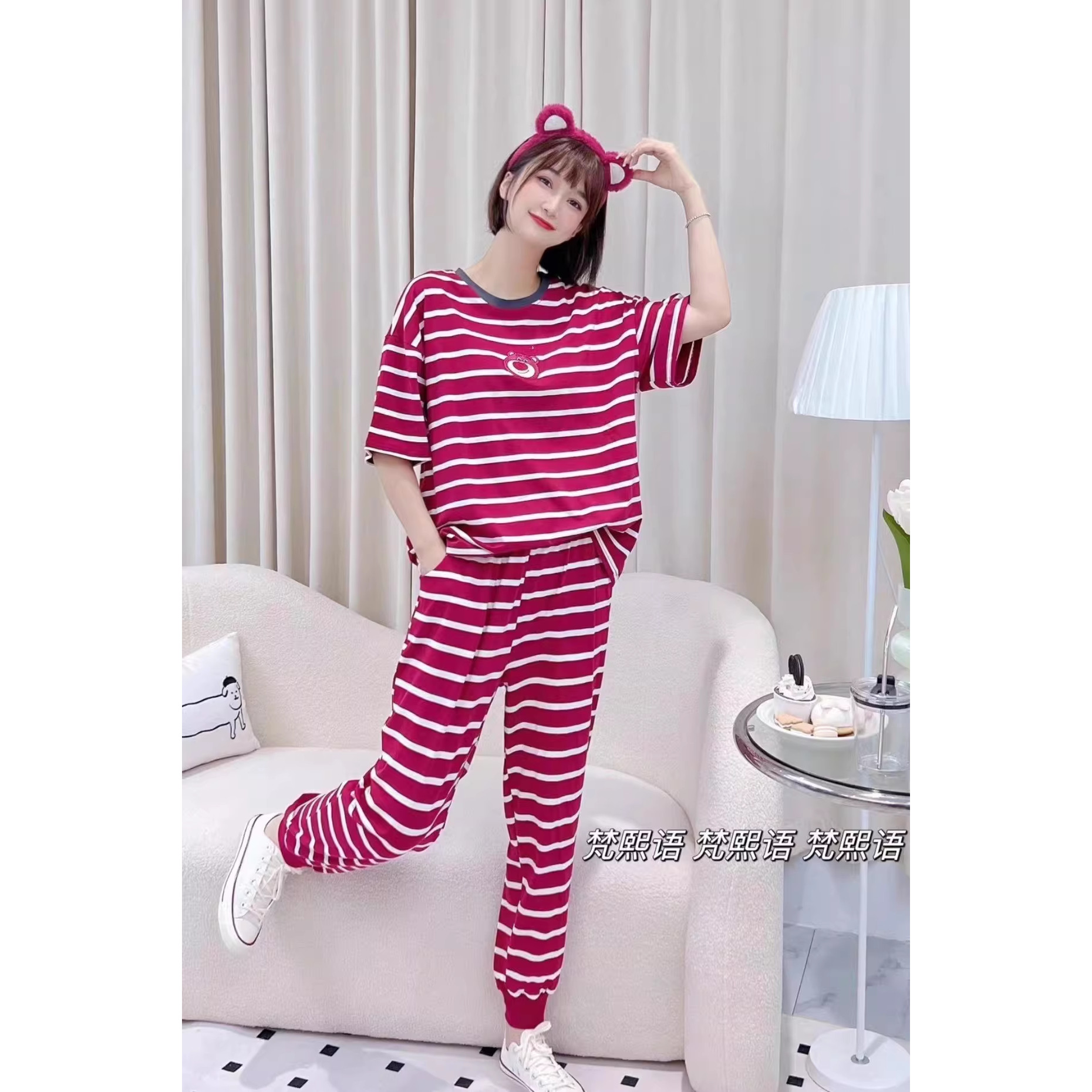 梵熙语特价春夏新款家居服女中短袖长裤卡通休闲针织全棉睡衣套装,淘宝优惠券,粉丝福利购,淘宝优惠卷