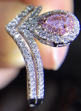 纯银粉色梨形情侣对戒彩钻女时尚