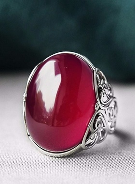 红宝石仿玛瑙男款个性霸气活口戒指玉髓复古送父亲