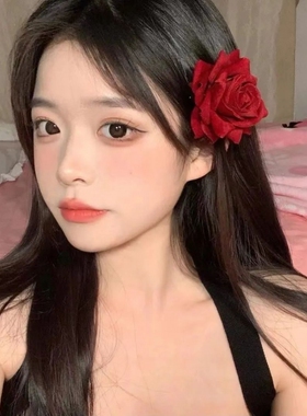 复古红色玫瑰发夹女大红花侧边刘海鸭嘴夹子发卡假花头饰拍照道具