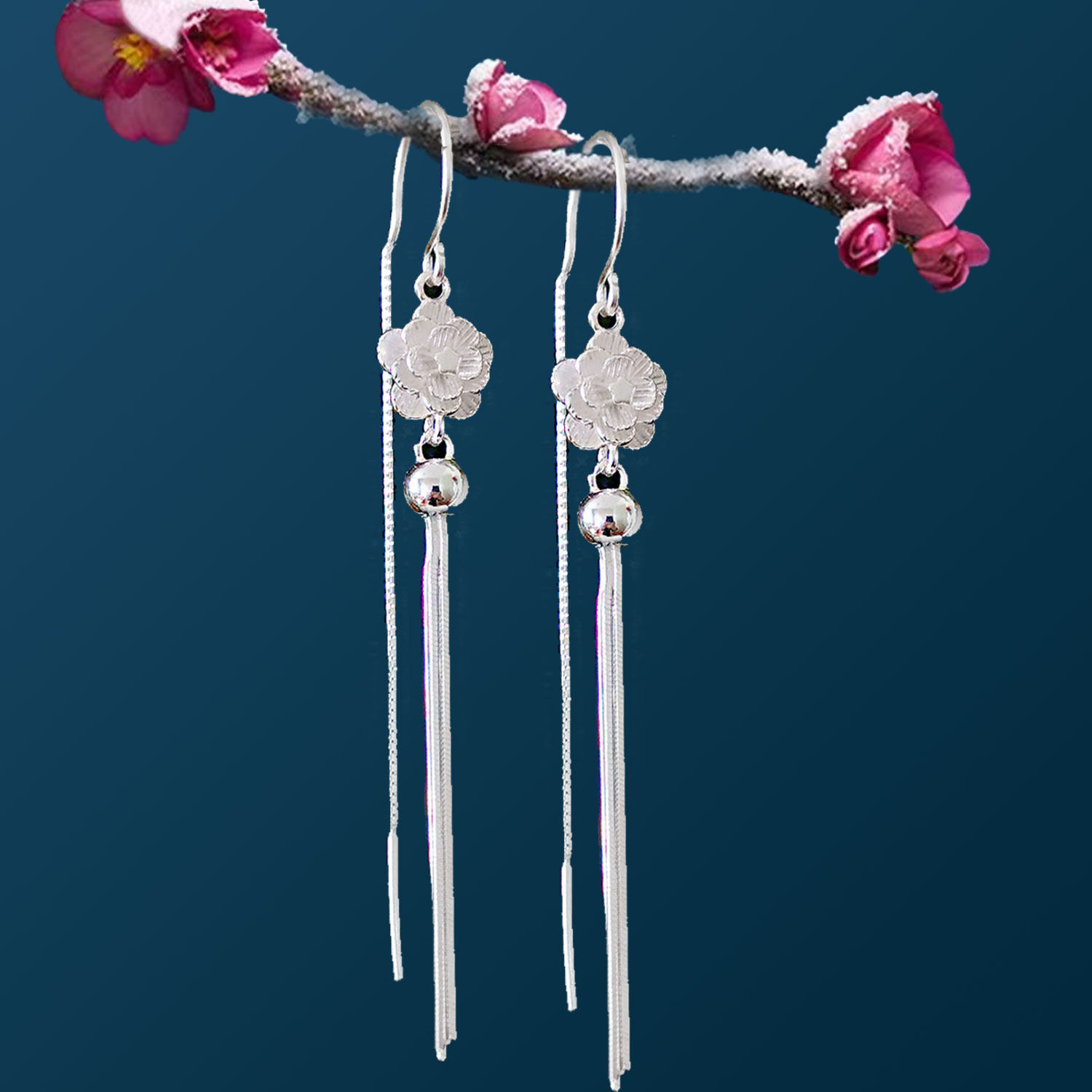 S999纯银耳环女气质玫瑰百合长款流苏耳钩耳坠防过敏耳线送女朋友,淘宝优惠券,粉丝福利购,淘宝优惠卷