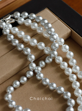 法式打结澳白色灰色珍珠项链