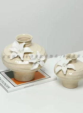 现代简约手工陶瓷花瓶白色立体花朵装饰摆件客厅书房创意装饰品