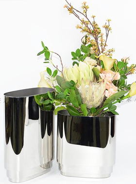 现代简约不锈钢金属花器轻奢玻璃花瓶装饰品客厅桌面玄关台面摆件