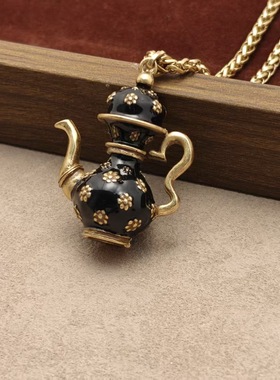 复古茶壶珐琅立体雕刻长款项链