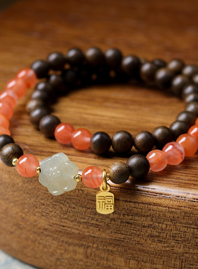 绿奇楠沉香木搭配南红玛瑙和田玉新中式两圈手串文玩国风手链