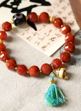 刻面南红玛瑙串制手链藏饰两眼天珠原创设计手串景区国风饰品