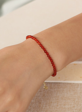 天然红玛瑙手链女本命年红色红绳串珠沙金调节中国风文玩配饰手串