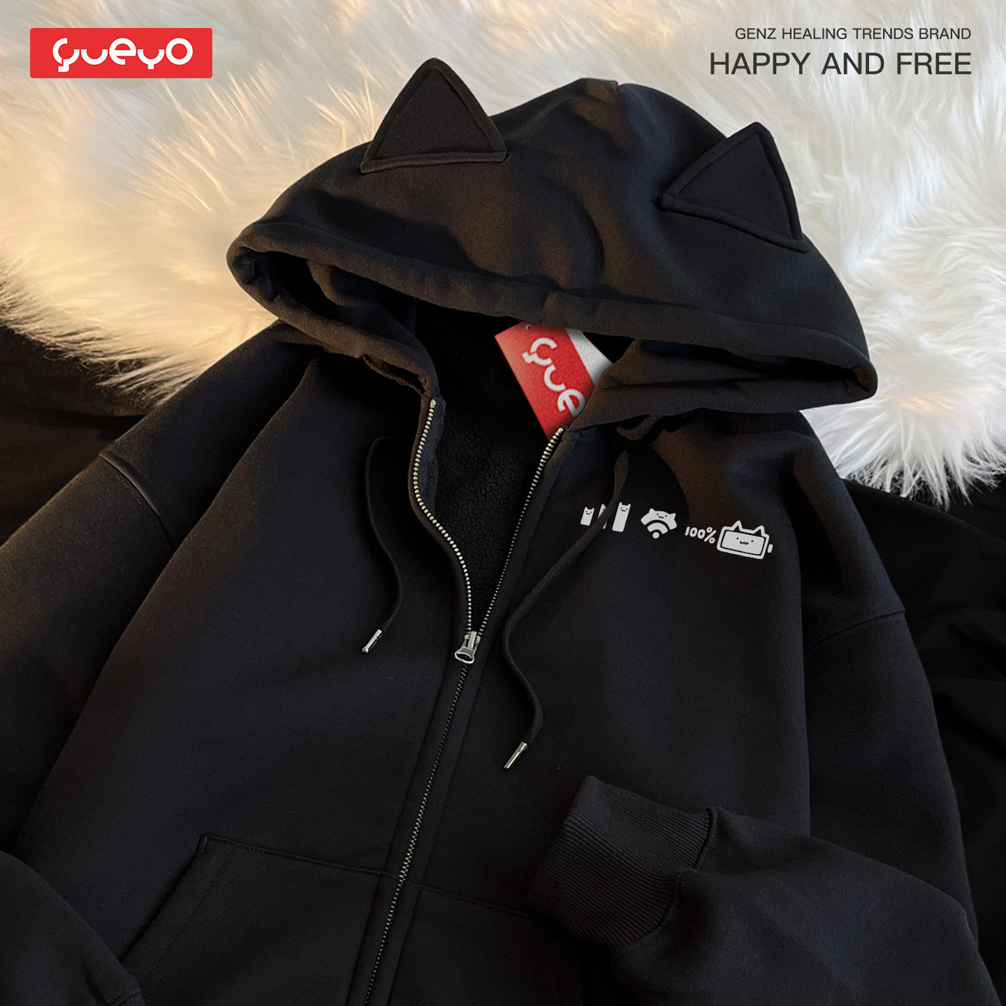 悦游 手机图标三连 加绒宽松拉链猫耳连帽卫衣男外套休闲原创猫咪,淘宝优惠券,粉丝福利购,淘宝优惠卷