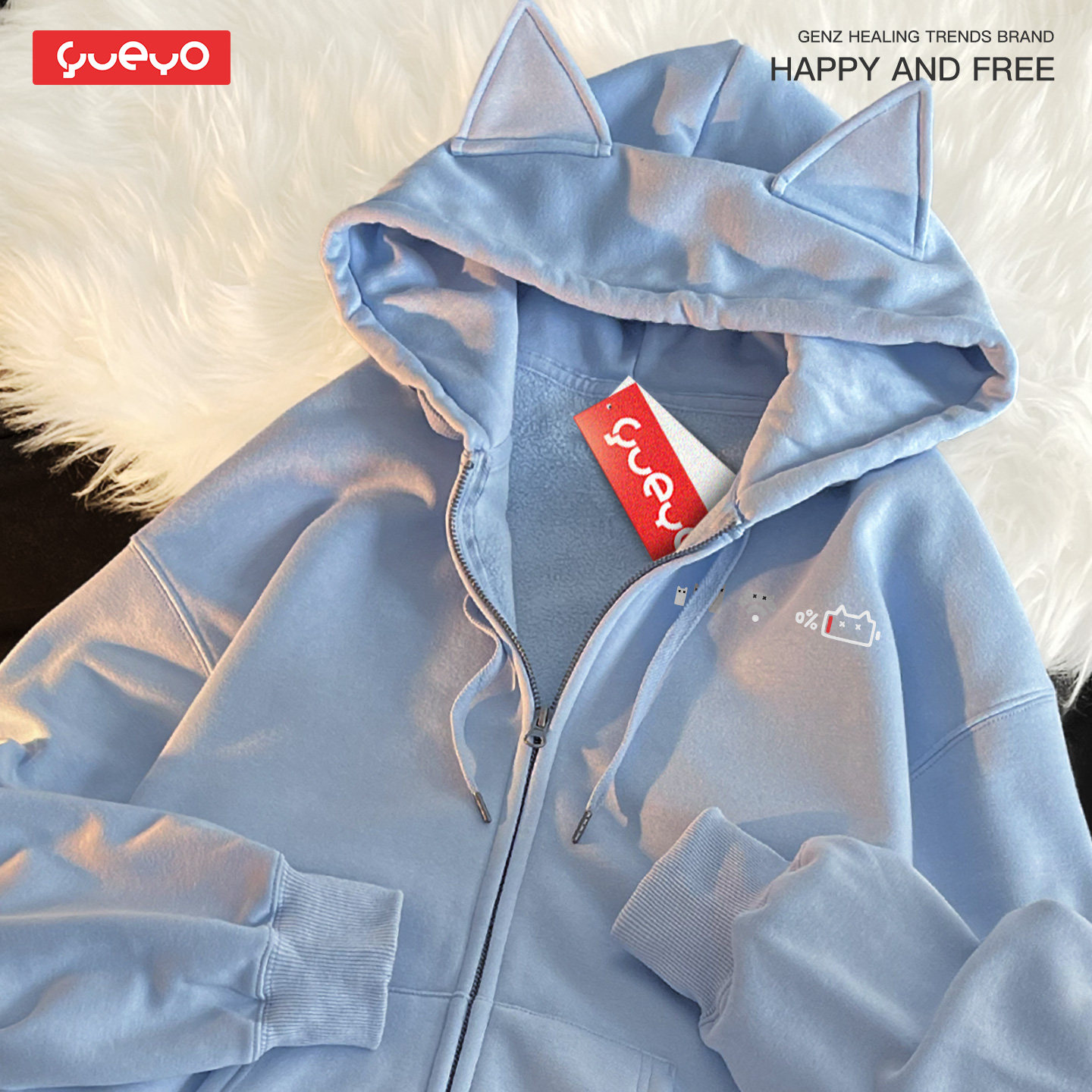 悦游 手机图标三连 加绒宽松拉链猫耳连帽卫衣男外套休闲原创猫咪,淘宝优惠券,粉丝福利购,淘宝优惠卷