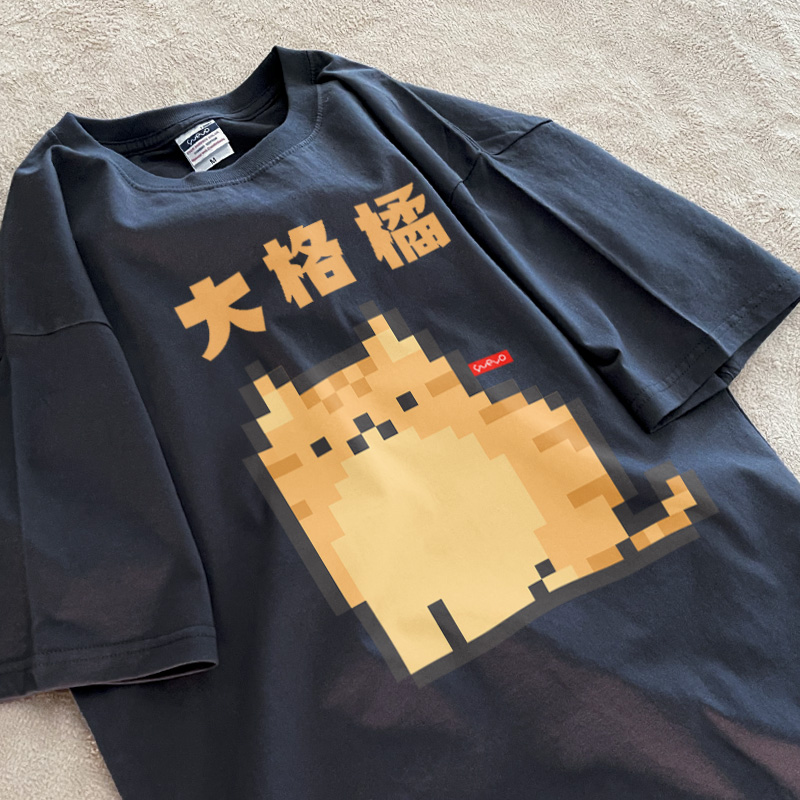 悦游 橘猫格局 大格橘短袖t恤宽松潮流夏季马赛克猫咪像素ins风 - 图1