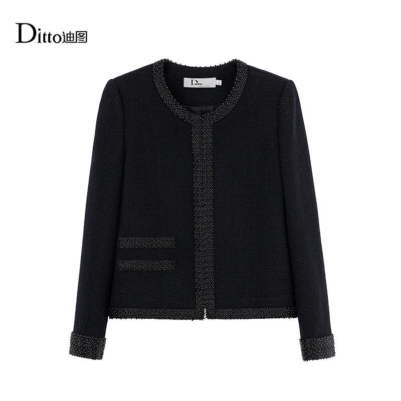 迪图时尚法式小香风外套女2025秋冬新款重工钉珠高级感羊毛短外套 - 图3