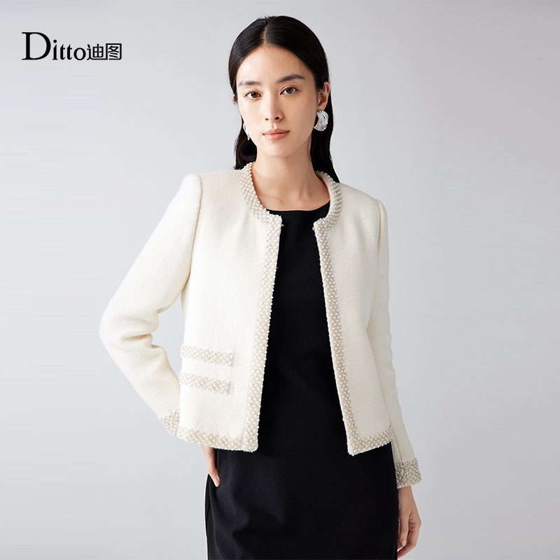 迪图时尚法式小香风外套女2025秋冬新款重工钉珠高级感羊毛短外套 - 图1