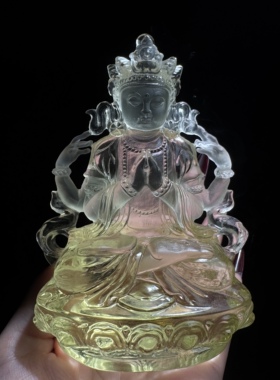 天然黄水晶精工雕刻立体四臂观音菩萨摆件