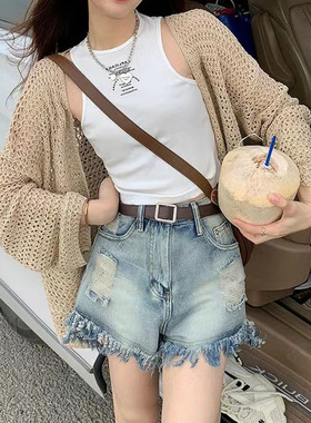 夏季女薄款镂空口袋针织开衫外穿设计感小众辣妹防晒披肩上衣外套