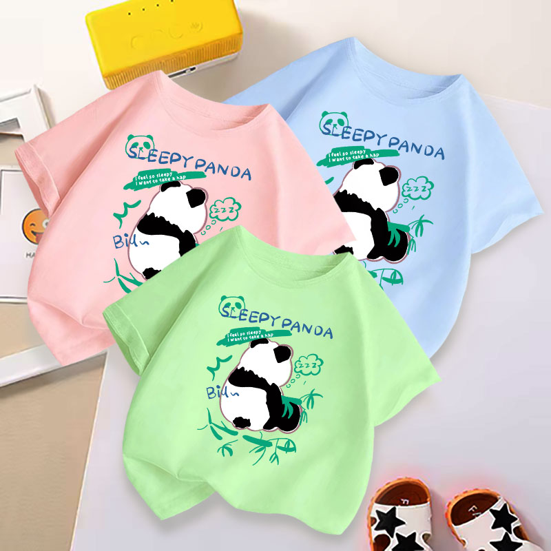 熊猫亲子装夏装儿童短袖t恤纯棉男女童夏季半袖上衣幼儿园活动服-图1