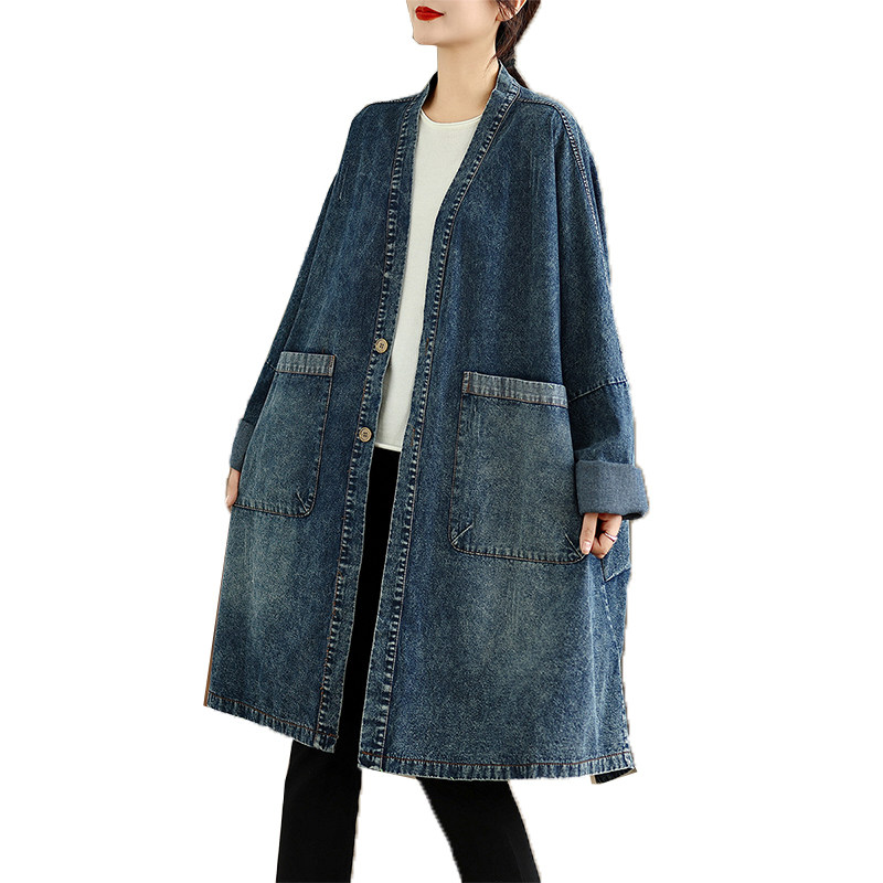 复古V领 大口袋牛仔外套女秋季新款宽松大版中长款风衣 大码牛仔,淘宝优惠券,粉丝福利购,淘宝优惠卷