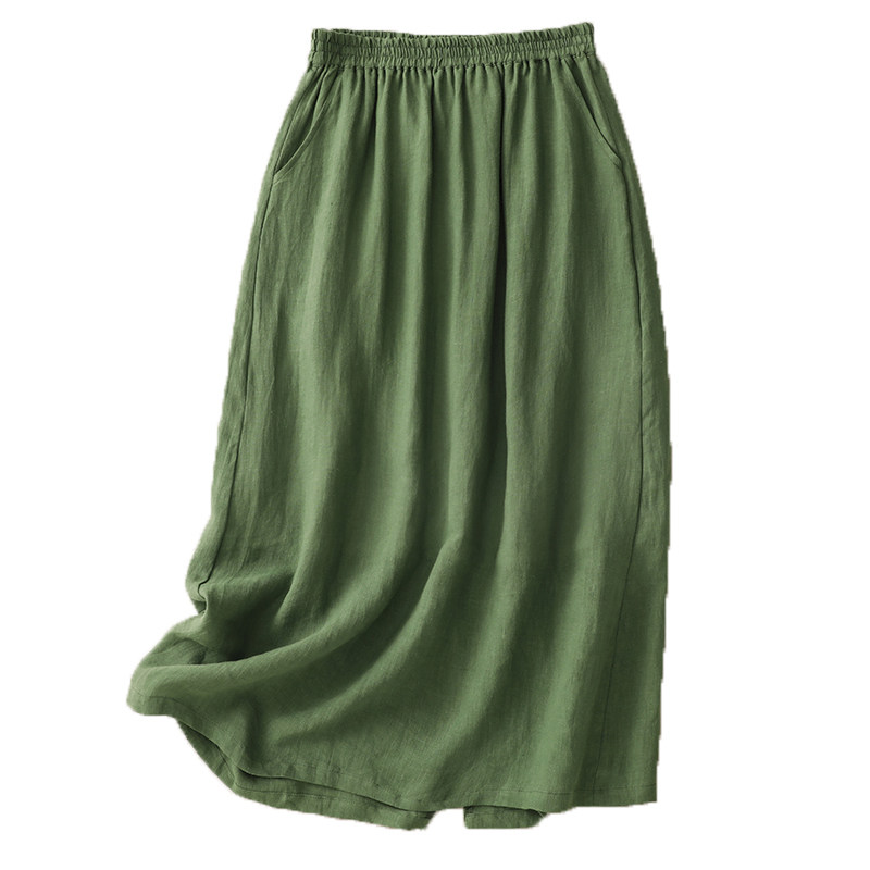 夏季新款文艺复古纯色棉麻中长款侧开叉显瘦半身裙女绿色休闲裤子,淘宝优惠券,粉丝福利购,淘宝优惠卷