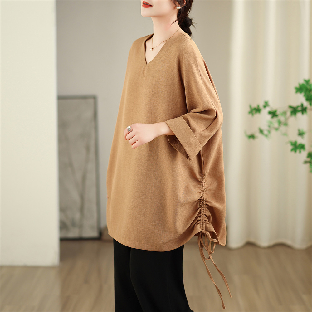 春夏新款文艺简约v领显瘦上衣中长款慵懒风抽绳设计宽松T恤女薄款,淘宝优惠券,粉丝福利购,淘宝优惠卷