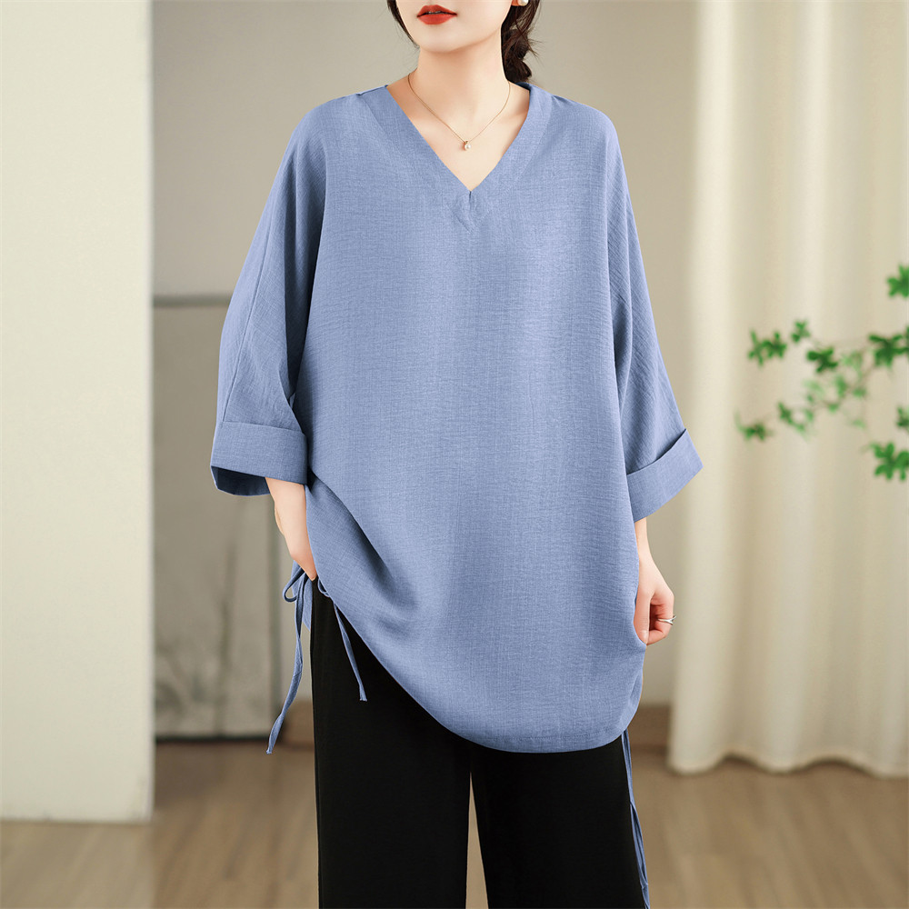 春夏新款文艺简约v领显瘦上衣中长款慵懒风抽绳设计宽松T恤女薄款,淘宝优惠券,粉丝福利购,淘宝优惠卷