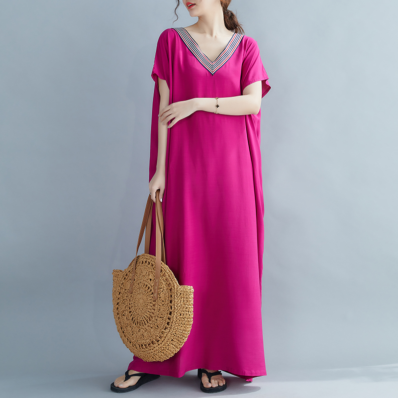 文艺宽松纯色长袍折扣夏季新款棉绸v领胖mm连衣裙净色过膝长裙,淘宝优惠券,粉丝福利购,淘宝优惠卷