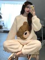 Korean Version Pyjamas Womens Winter Thickening Plus Suede Suit New Coral Suede Little Bear Outside Wearing Cute sweet Home Home Clothing