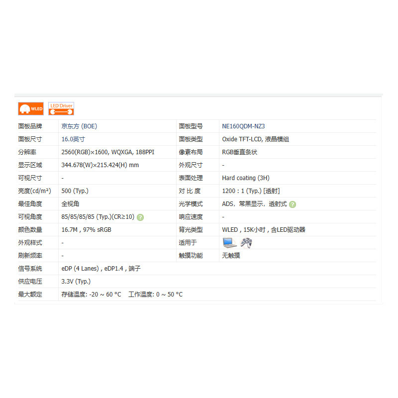 现货供应NE160QDM-NZ3  京东方2.5K 16:10 QHD高刷60HZ 16寸2560* - 图1