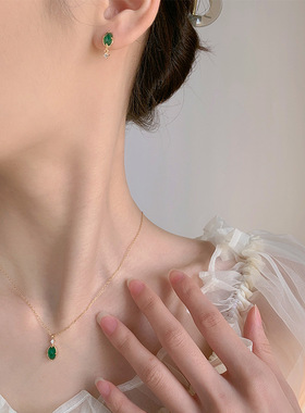 天然绿玛瑙项链纯银镀14k锁骨链