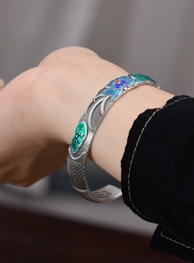 纯银做旧珐琅彩荷花镯子/好运连连/足银雪花银傣家熟银食用银