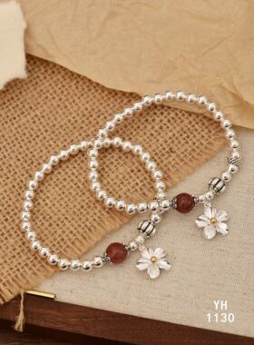 纯银小花花光珠手串/花开富贵/雪花银傣家熟银食用银