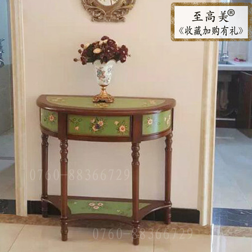进门美式彩绘玄关柜复古绿玄关桌半圆桌客厅边桌入户装饰柜胡桃色 - 图0