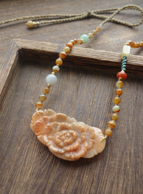 汉服旗袍文艺翡翠牡丹花项链吊坠