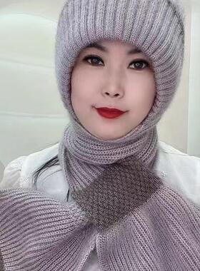 新款冬季松鼠绒加厚针织帽护耳加绒加厚防寒保暖围巾一体风雪帽