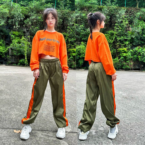 美式休闲工装裤女潮春秋广场舞街舞裤子爵士舞蹈服套装女团演出服 - 图0