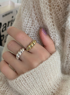 韩版S925银个性牛角包戒指女复古时尚气质螺旋开口指环嘻哈食指戒