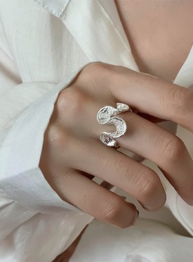 唐草纹波浪卷戒指女几何裙摆扭曲S925镀银开口指环ins食指戒