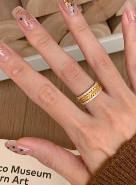 古法金色戒指女百搭时尚叠戴气质个性S925镀银指环ins风食指戒潮